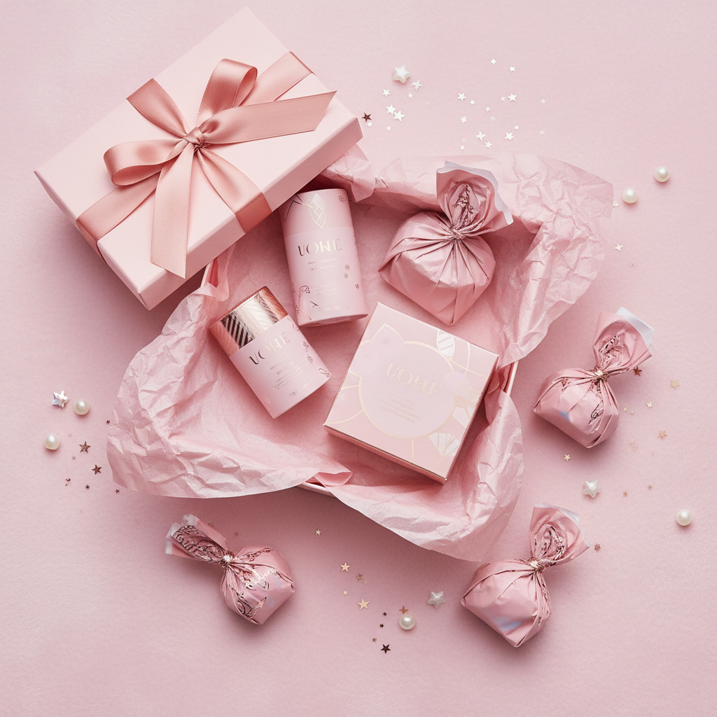 Surprise Beauty Set – Productos envueltos fondo pastel